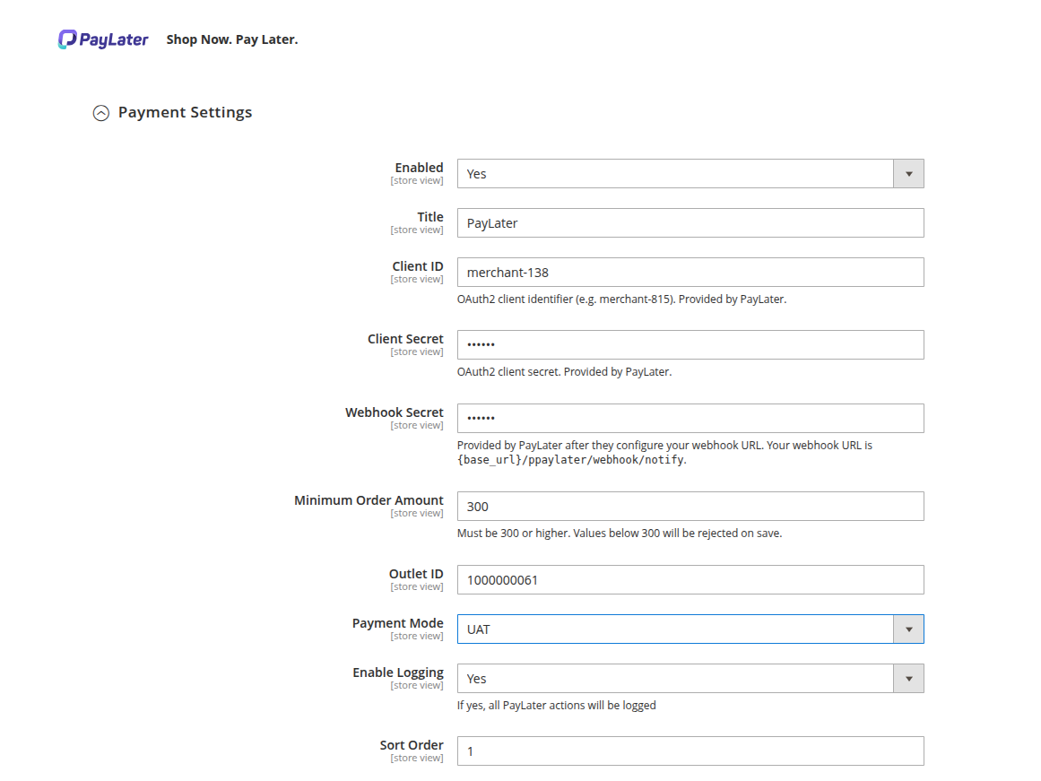 PayLater payment settings in the Magento admin