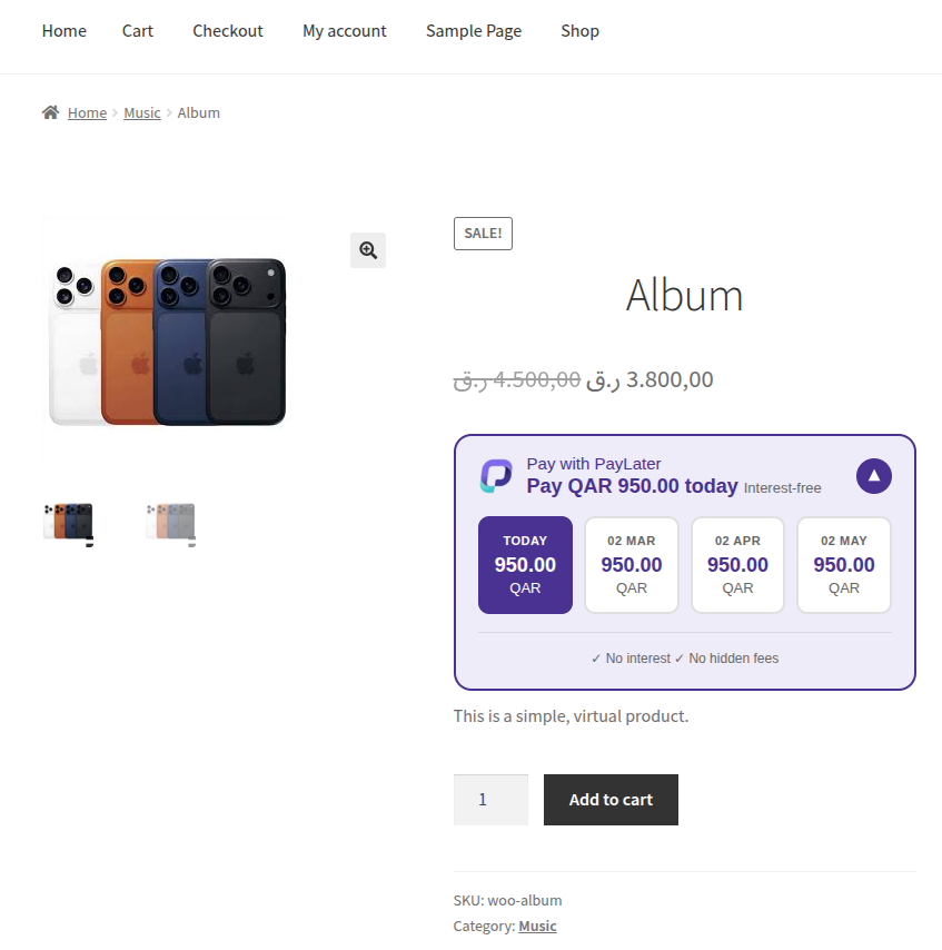 PayLater instalment breakdown on the Odoo product detail page