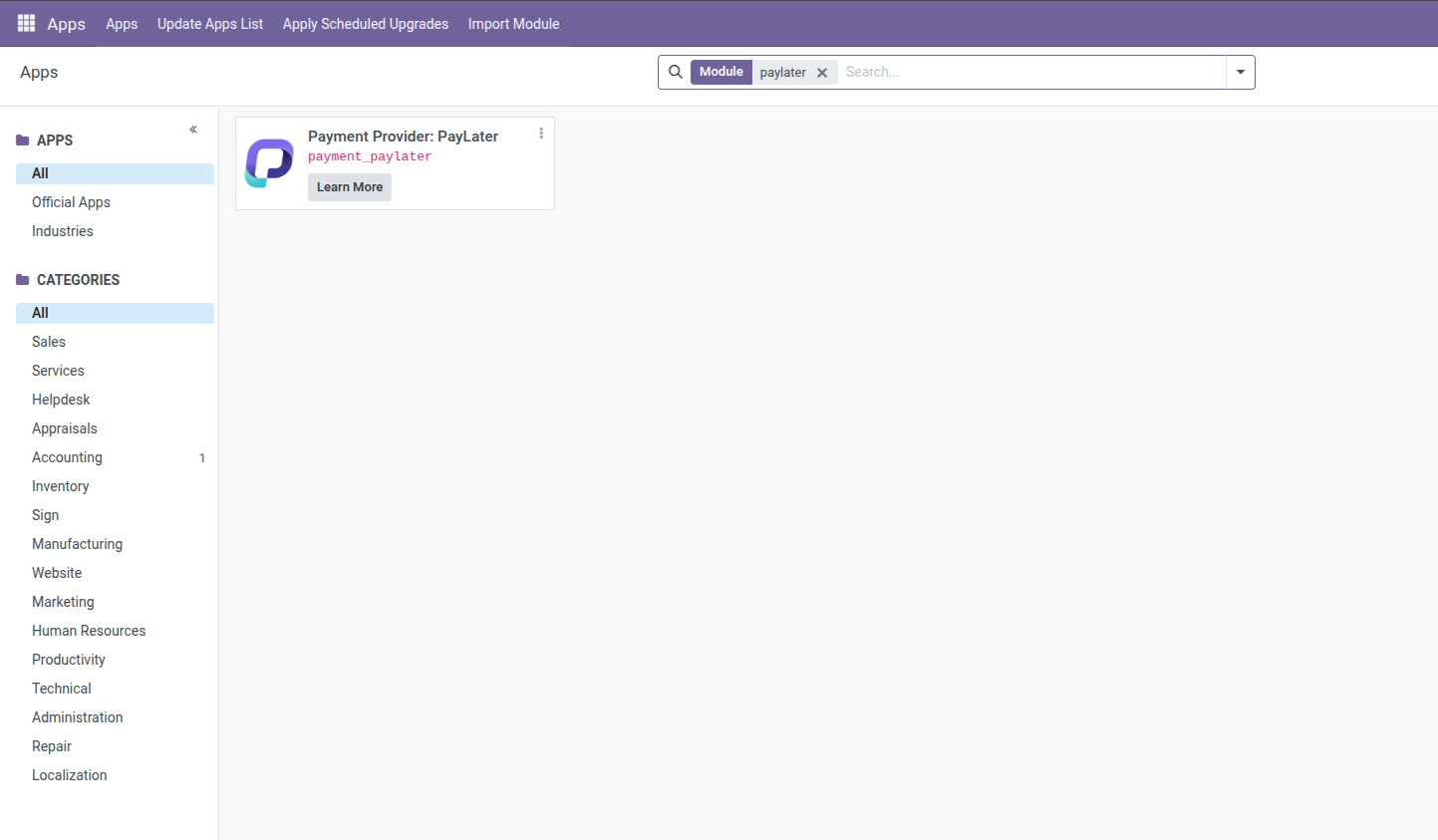 PayLater Payment Gateway shown in the Odoo plugin list after FTP upload