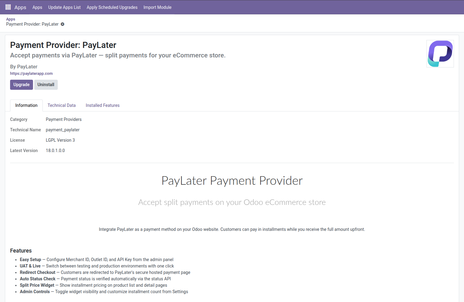 PayLater in the Odoo Apps Payments list with the Manage button