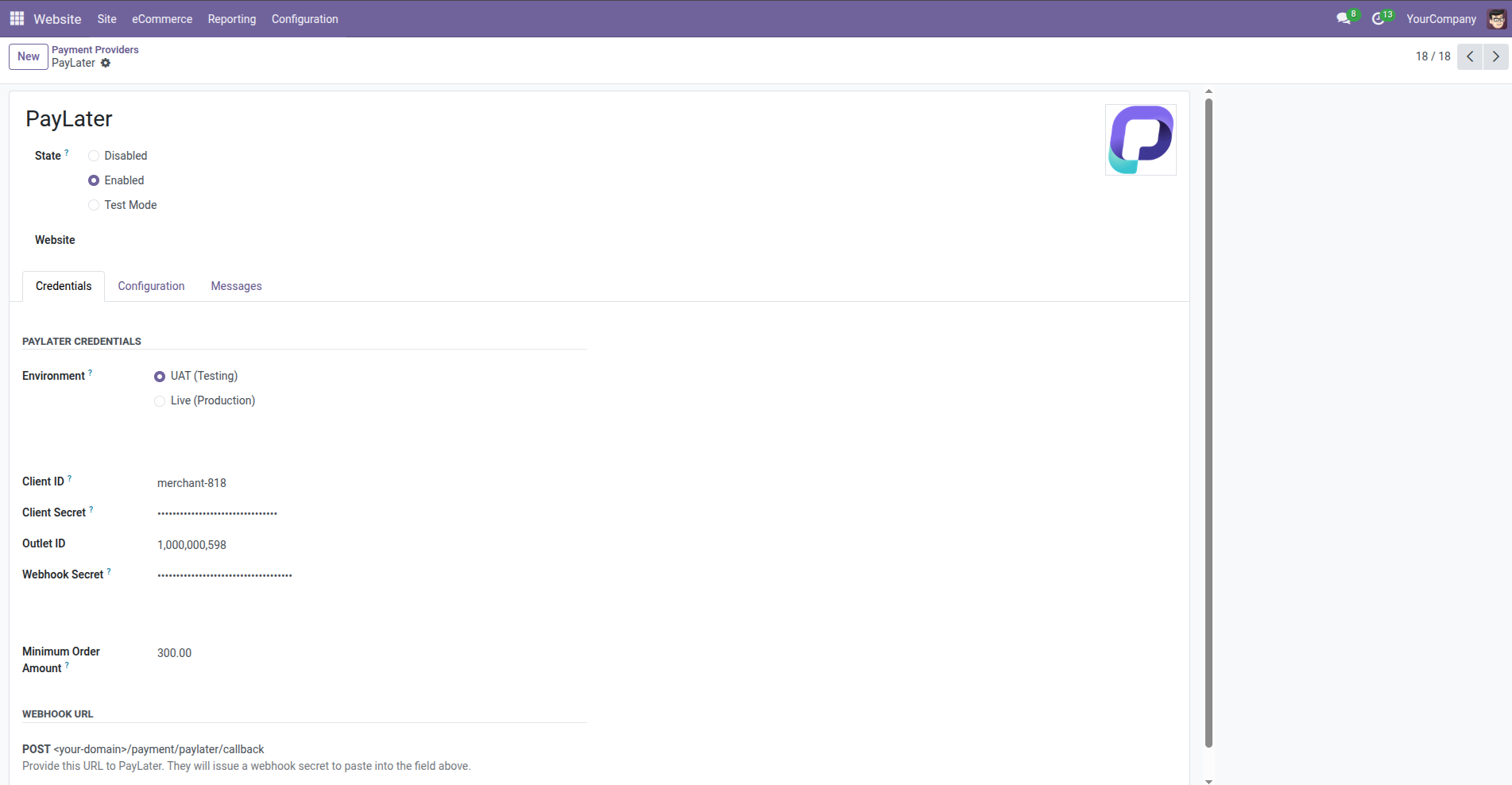 PayLater payment provider settings with Client ID, Client Secret and Outlet ID fields