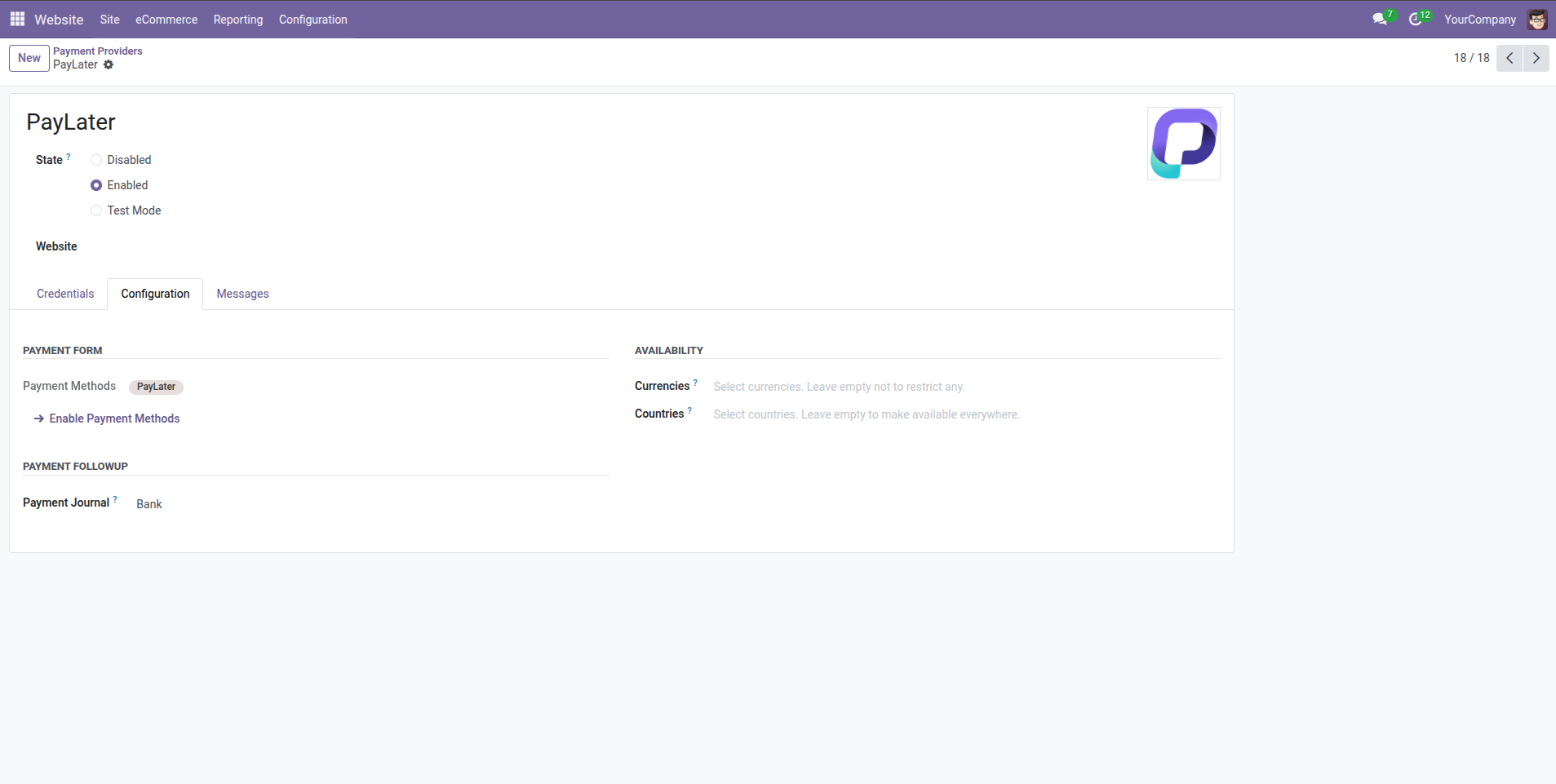 PayLater payment provider configuration details in Odoo