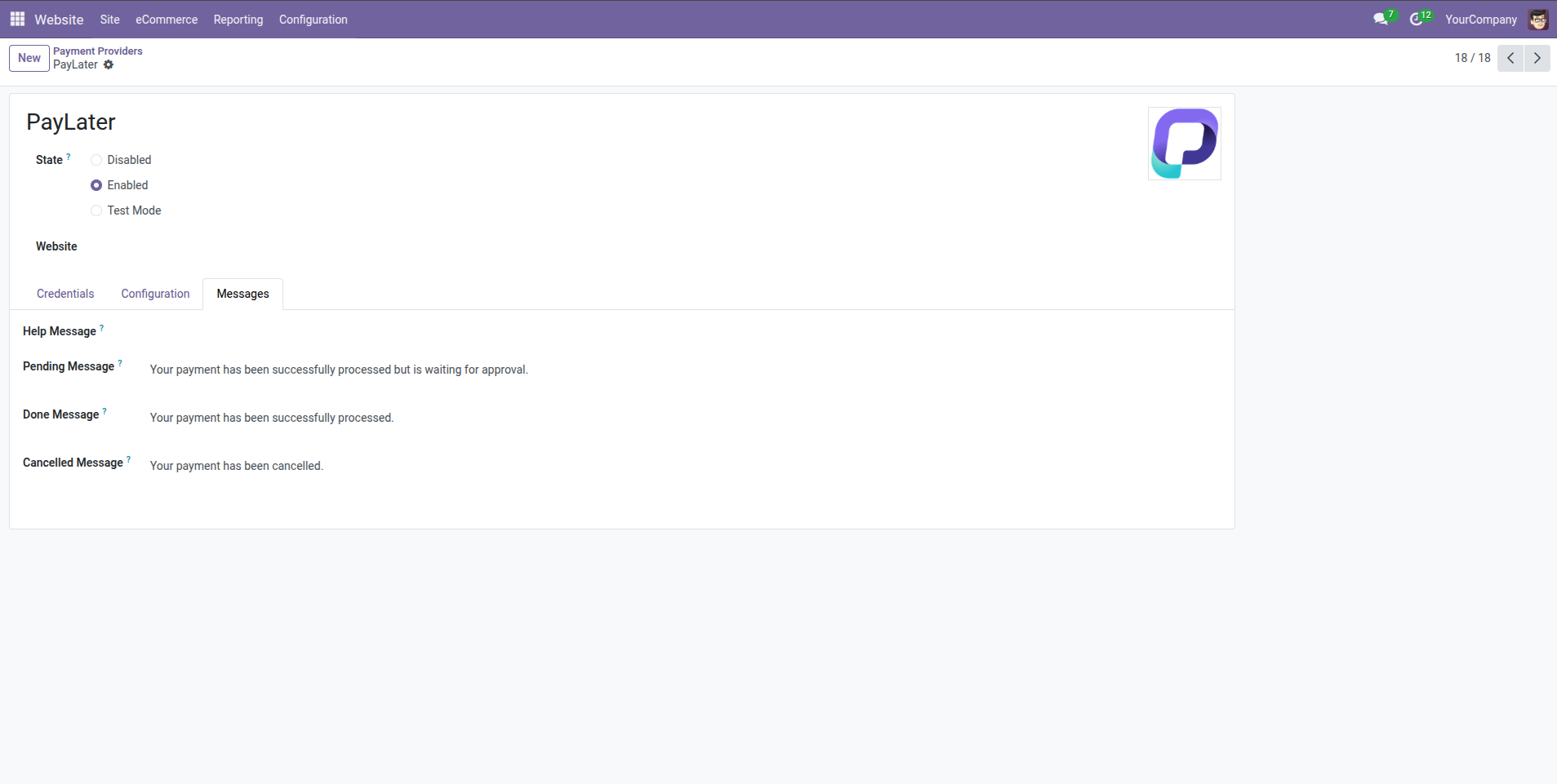 PayLater payment provider enabled in Odoo