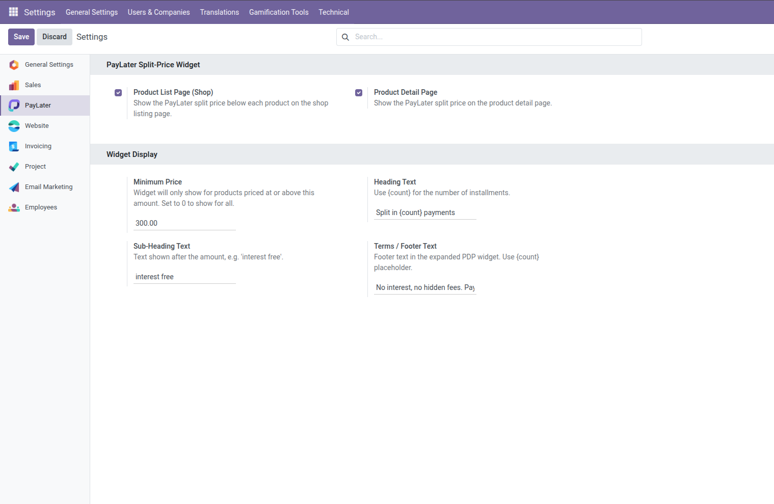 PayLater widget settings under Odoo Settings