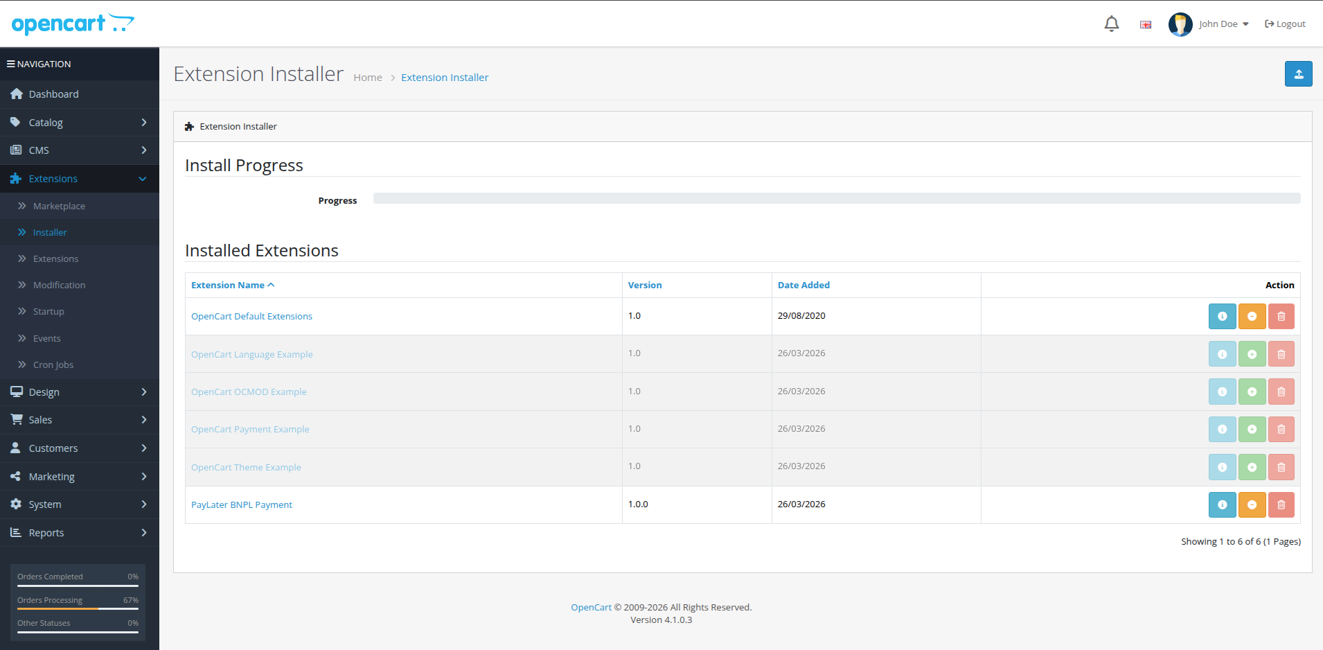 PayLater Payment Gateway shown in the OpenCart plugin list after uploading via FTP