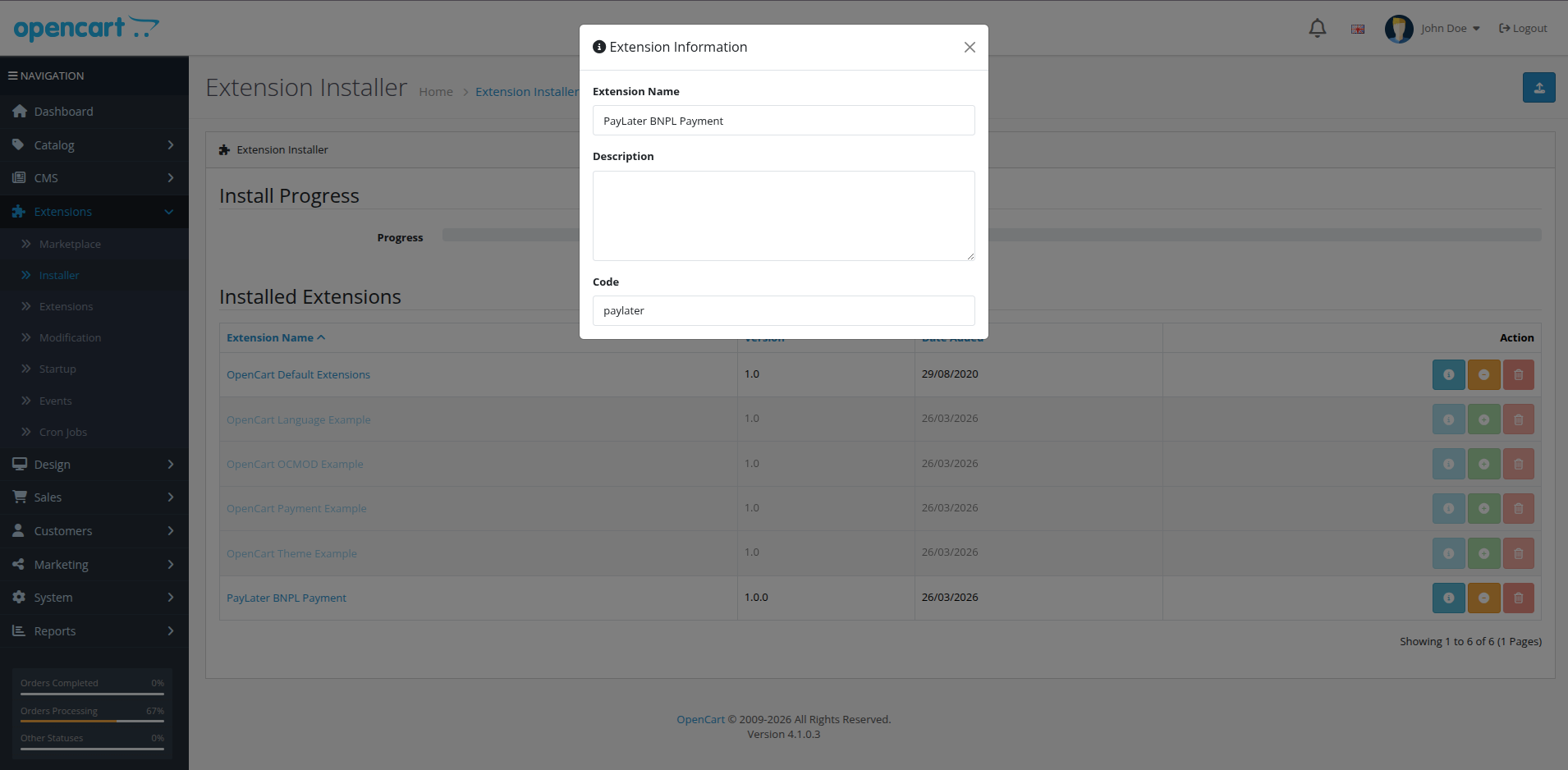 PayLater listed among the available payment gateways in OpenCart