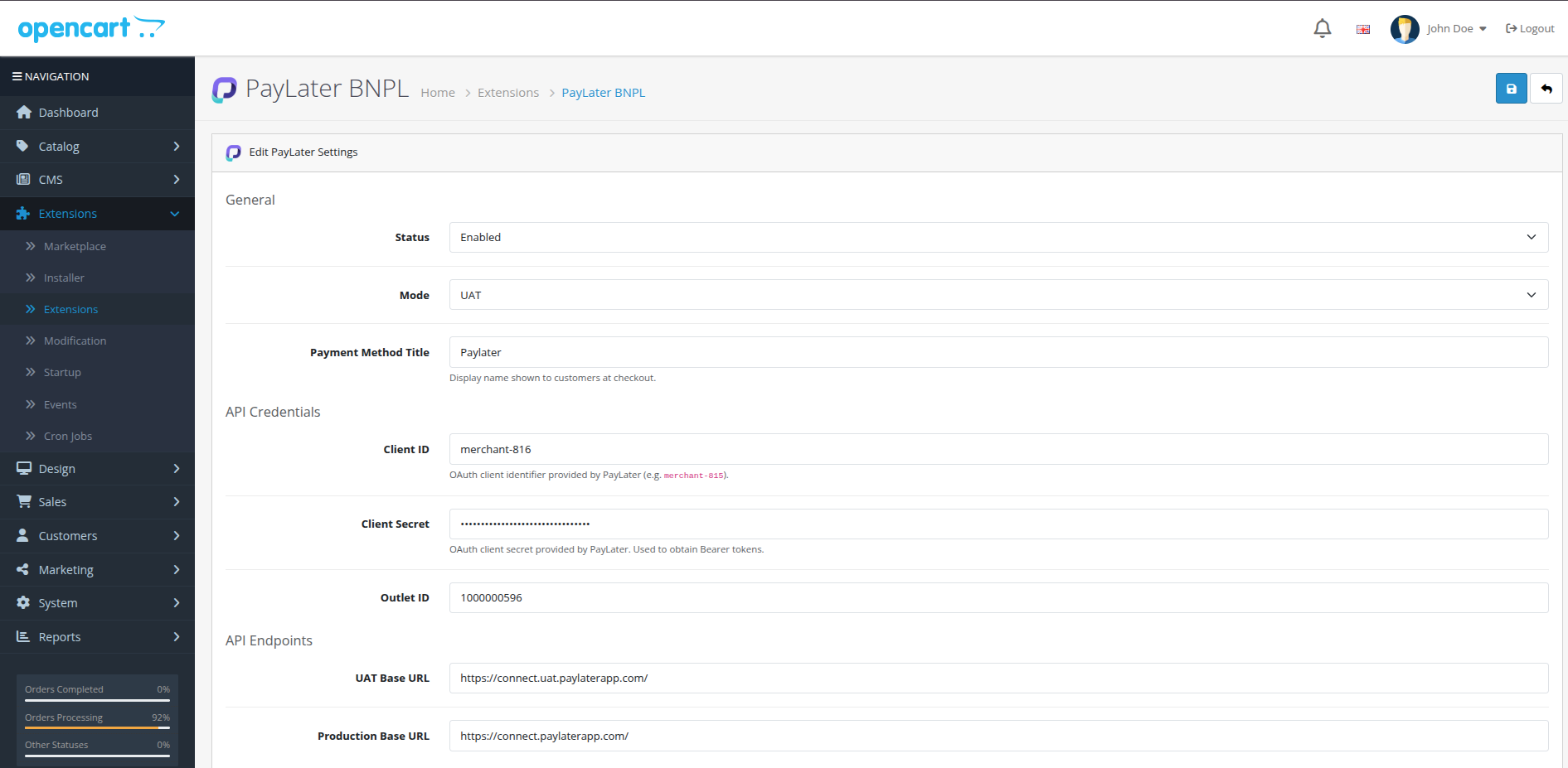 Entering the PayLater Client ID and Client Secret in the OpenCart configuration