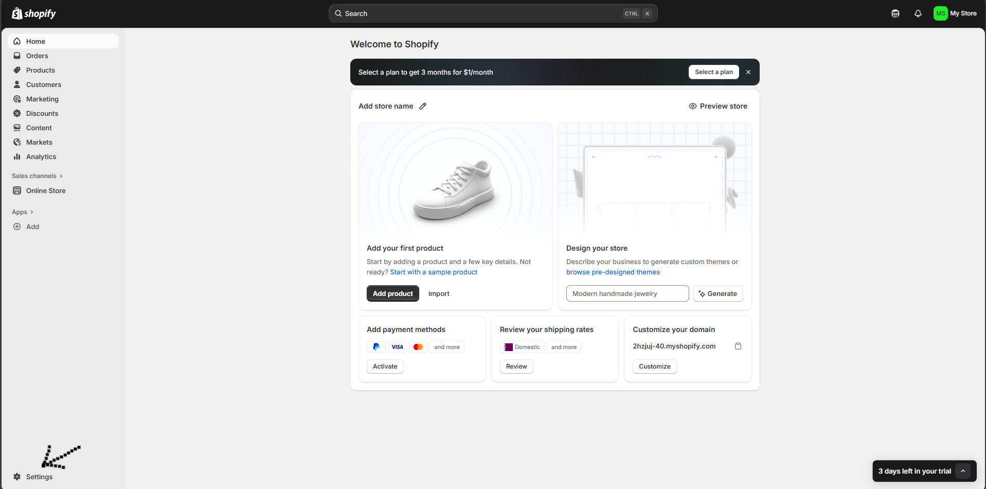 Shopify Admin with Settings in the left-hand navigation panel