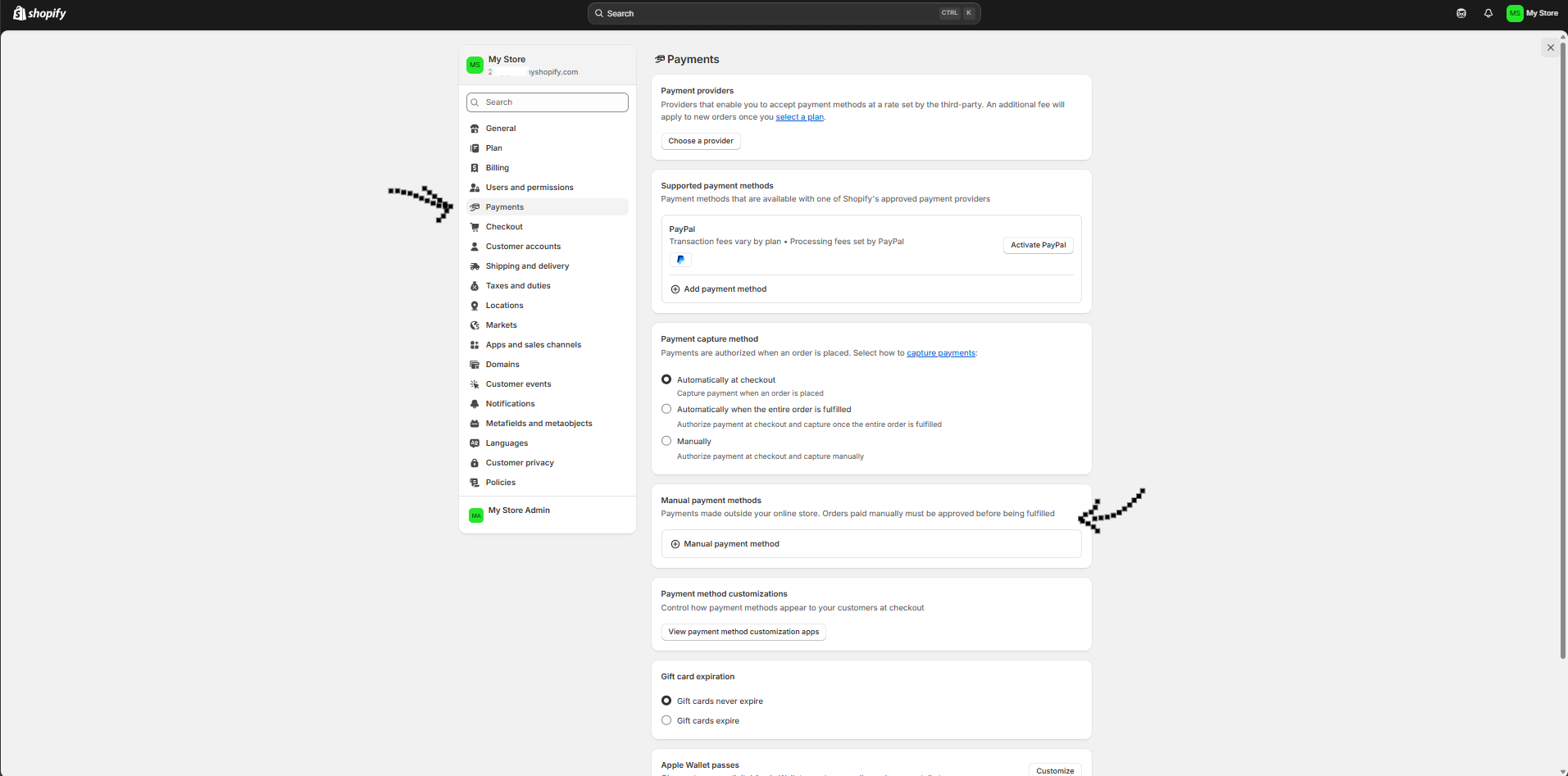 Shopify Payments settings showing the Manual payment methods section