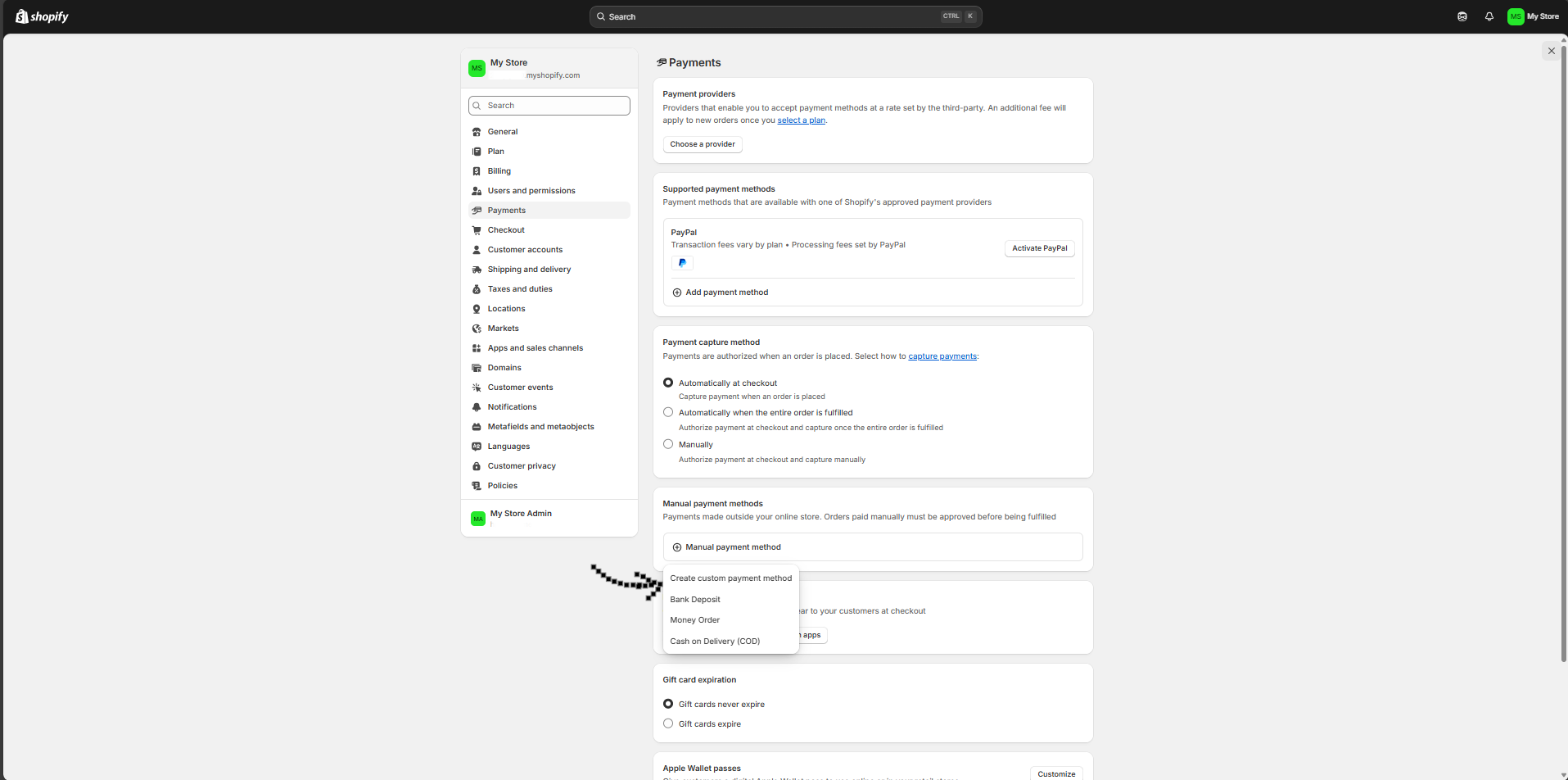 Manual payment methods dropdown with Create custom payment method selected