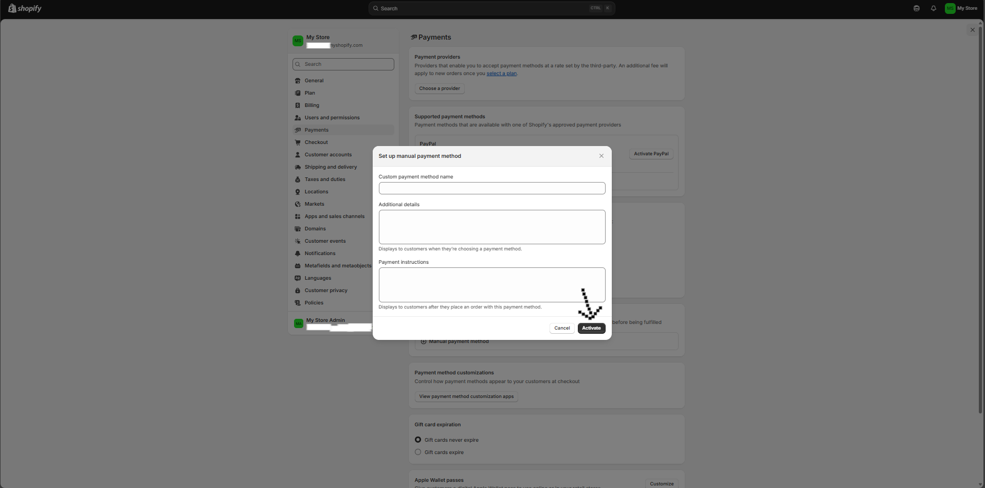 Set up manual payment form filled in with the PayLater details