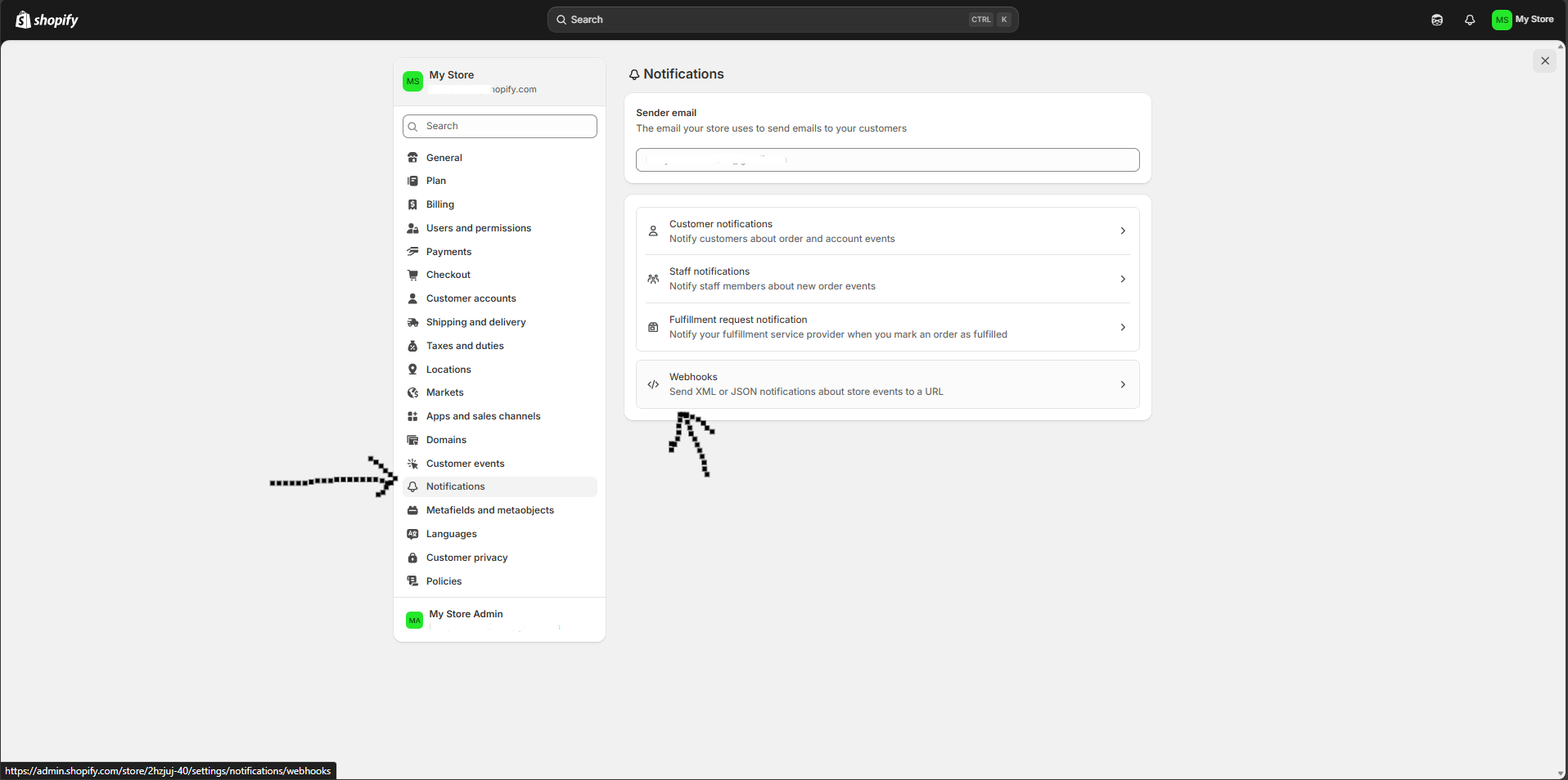 Shopify Notifications settings with the Webhooks option
