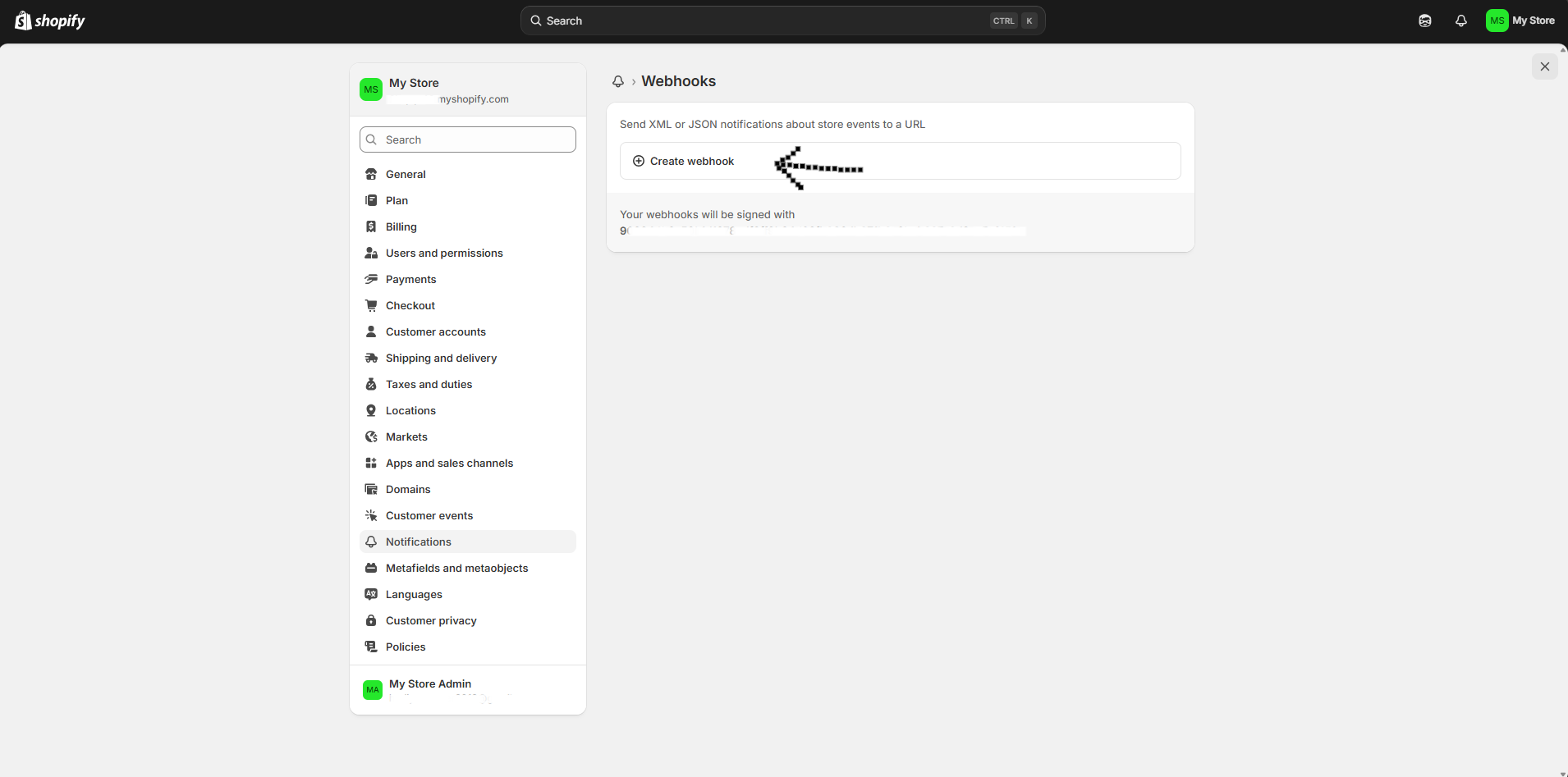 Webhooks section with the Create webhook button