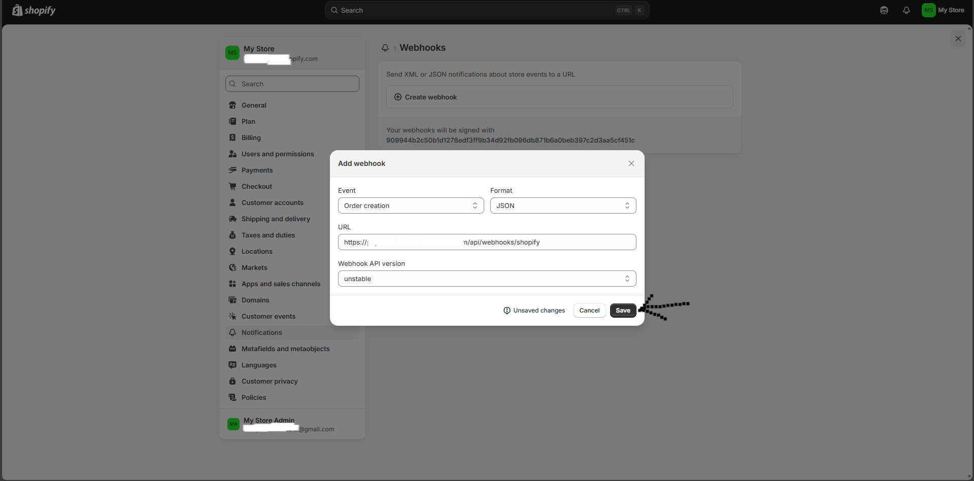 Add webhook form filled with event, format, URL and API version