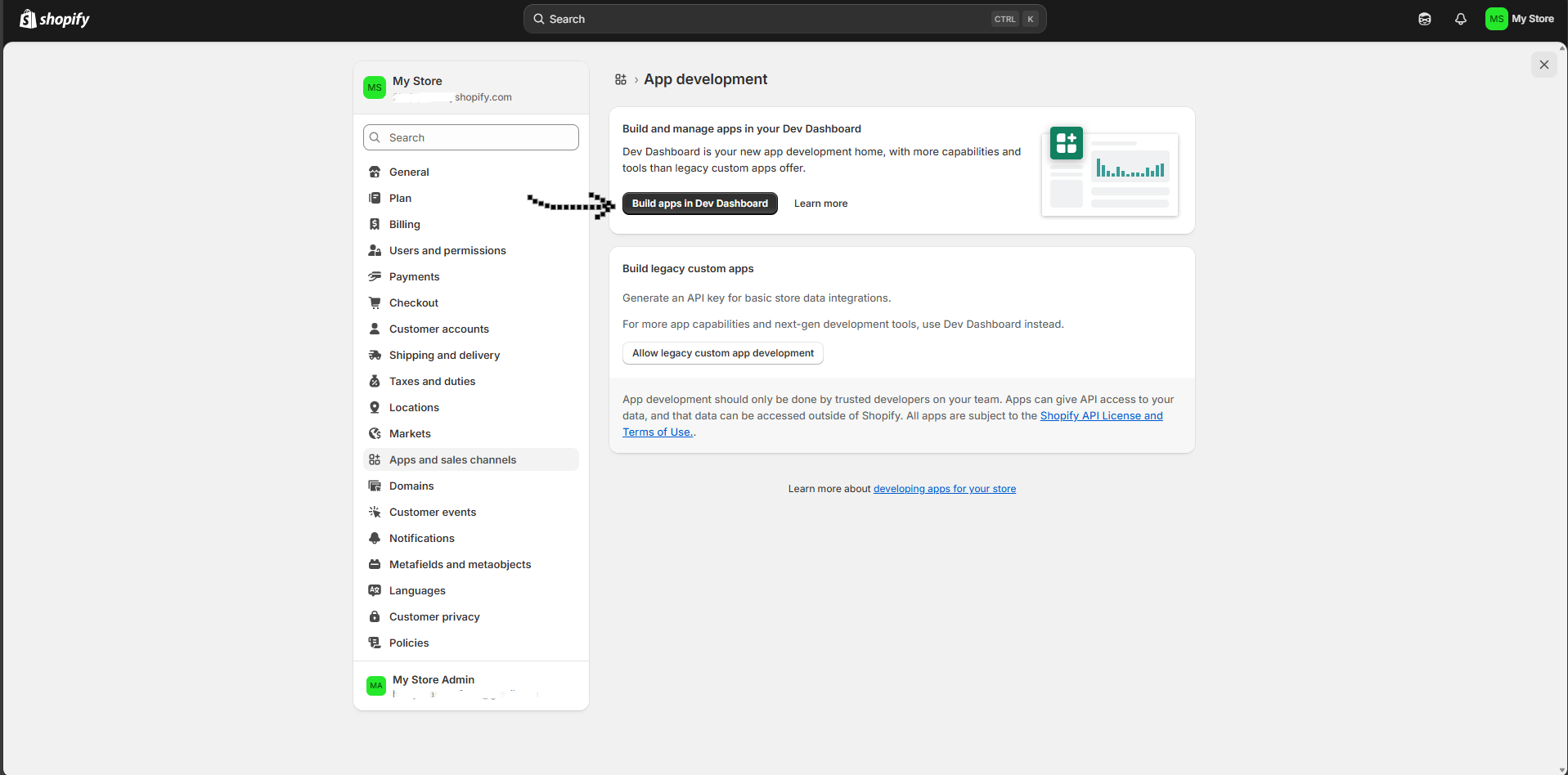 Apps and sales channels settings with the Develop apps button