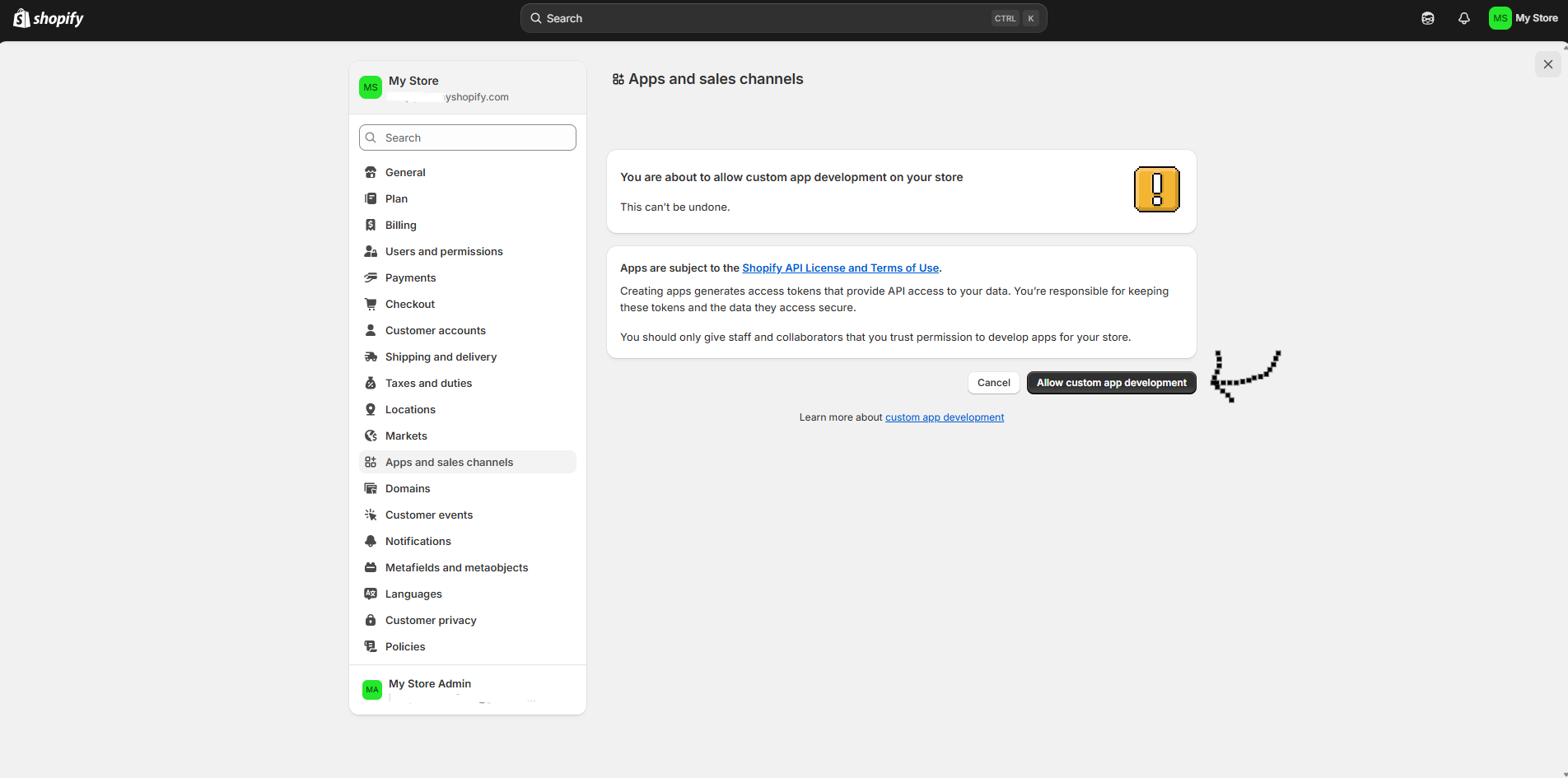 App development page in Shopify settings