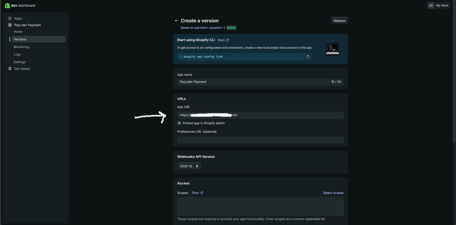 App URL field set to the PayLater webhook URL