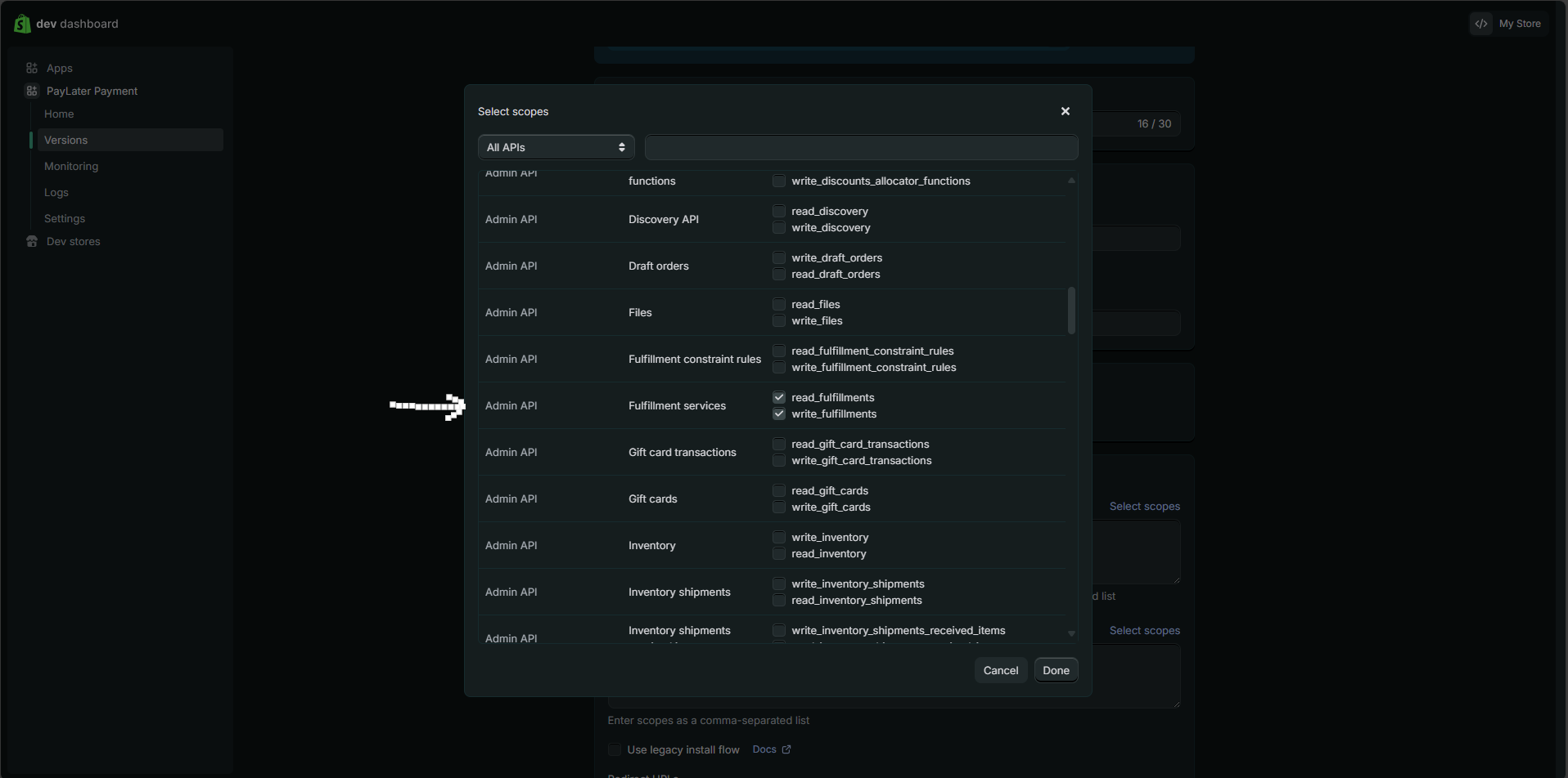 Admin API scopes with Fulfillment Services set to Read and Write