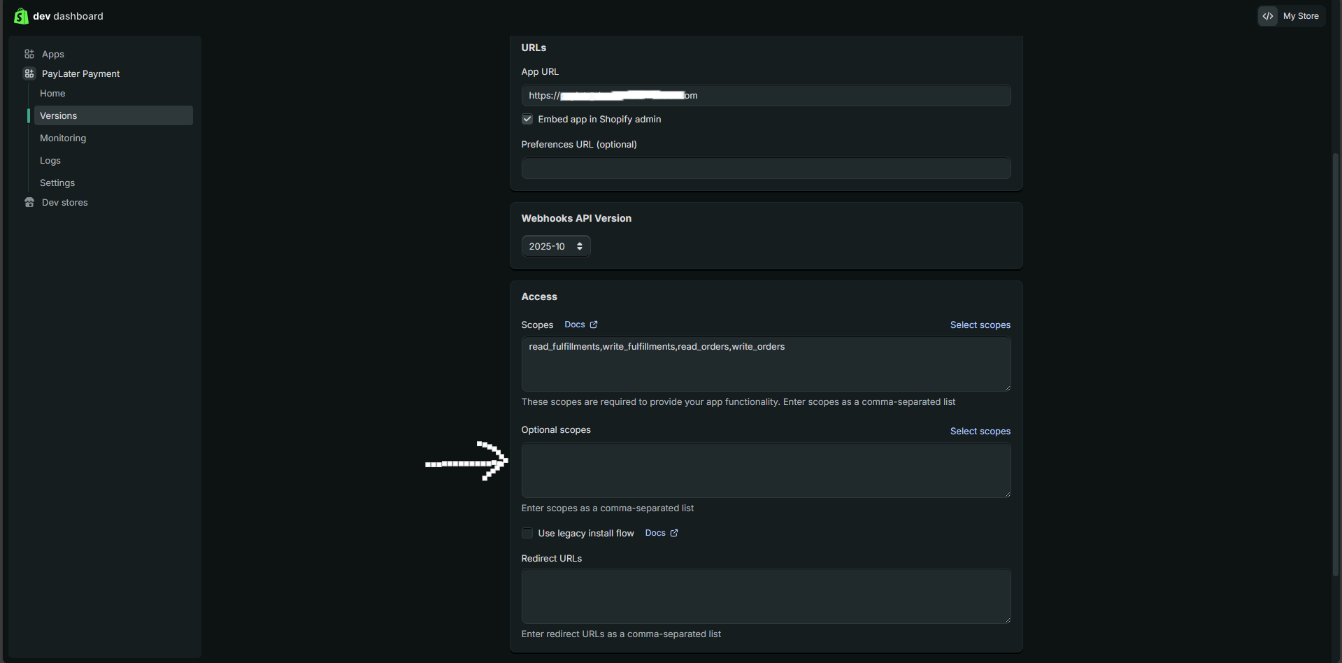 Redirect URLs field set to the PayLater webhook URL