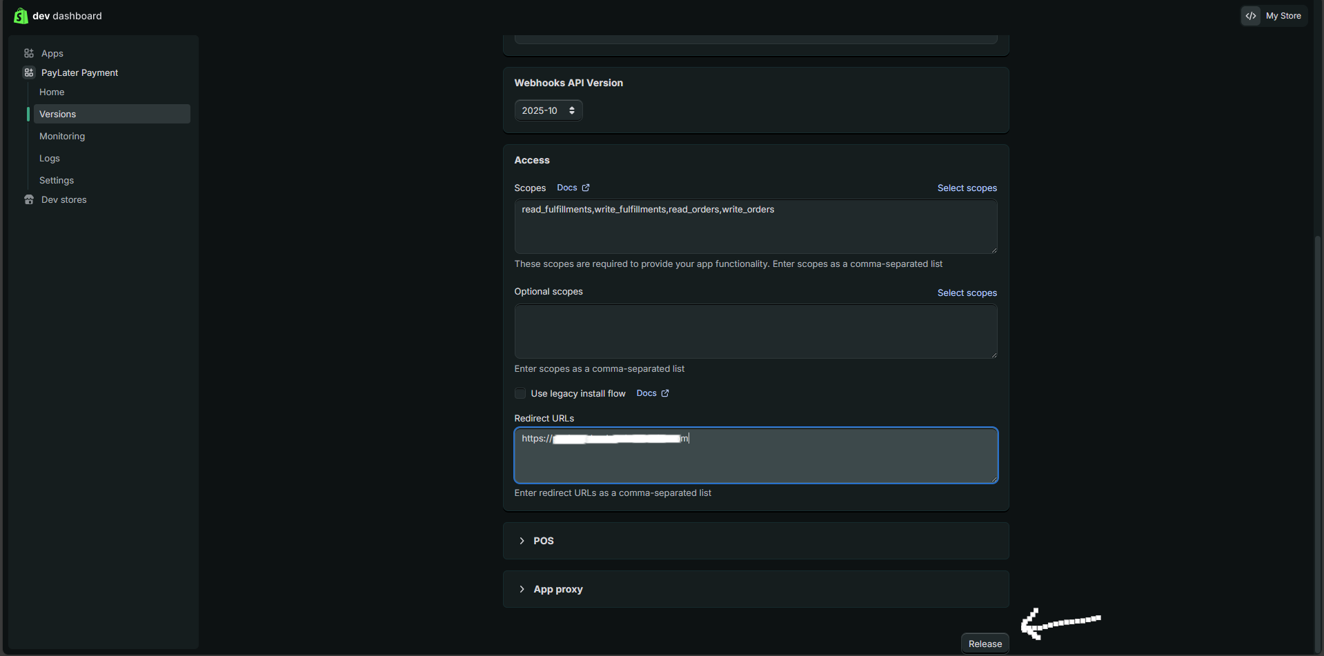 App configuration page with the Release button