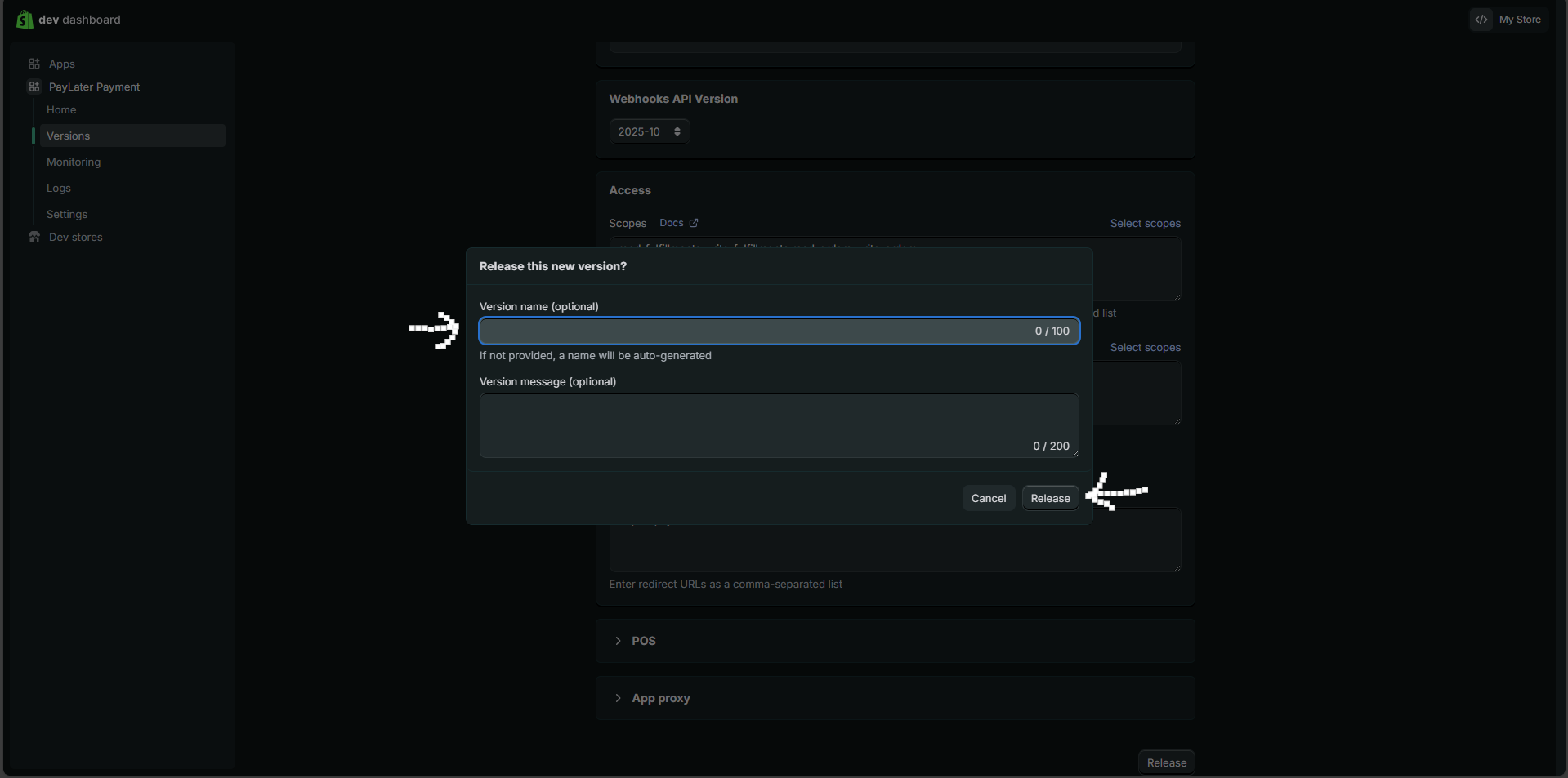 Release dialog with the version name set to v1-2025