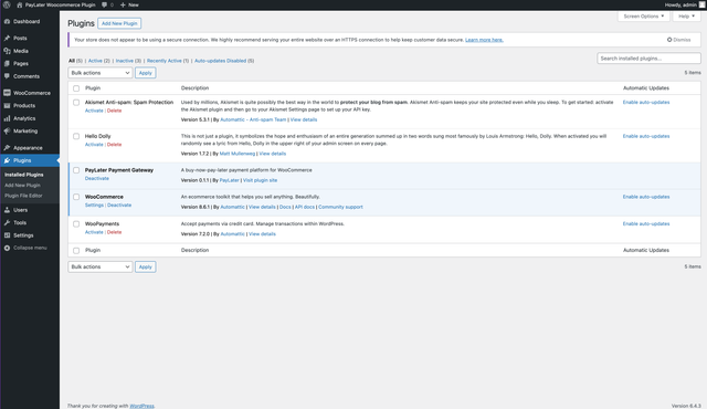 PayLater Payment Gateway in the WordPress plugin list after uploading via FTP