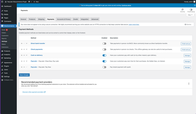 PayLater in the WooCommerce payments list with the Manage button