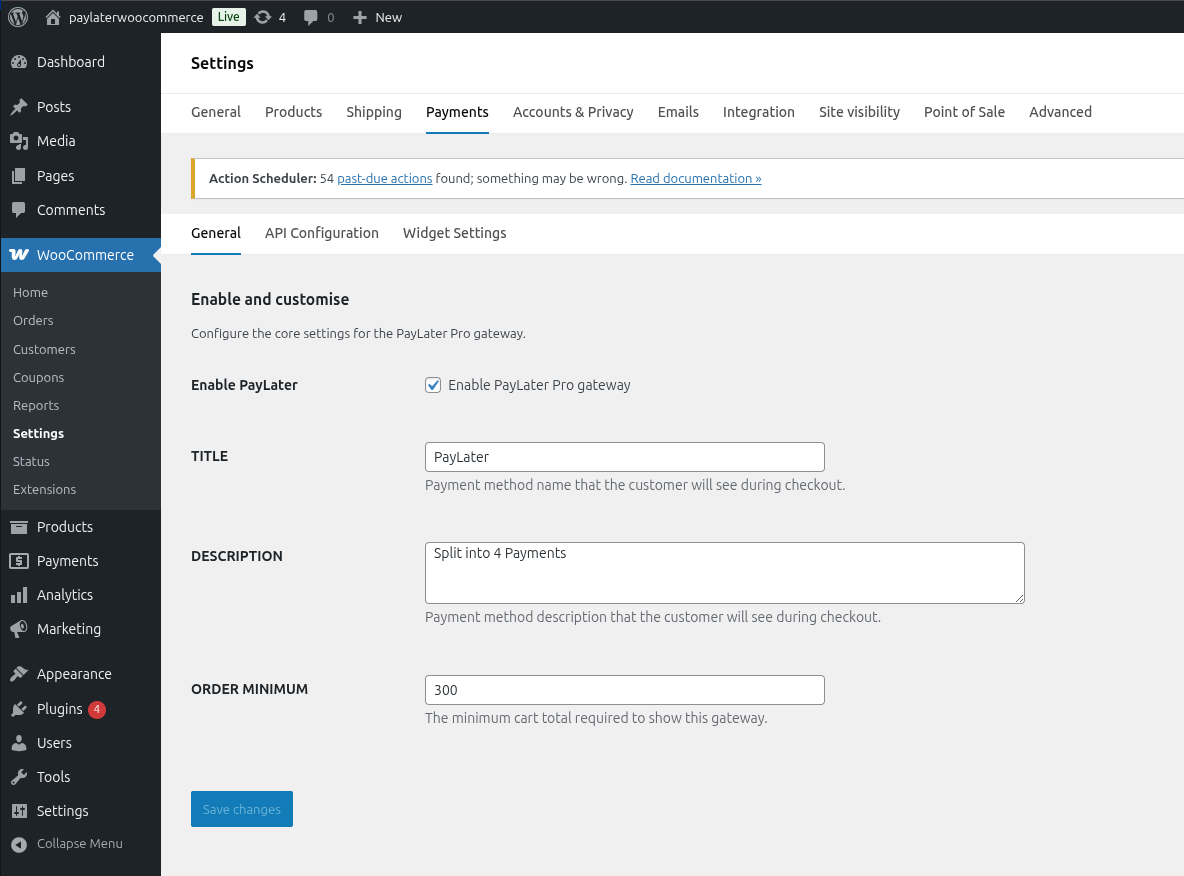 PayLater settings page with Client ID, Client Secret and Outlet ID fields