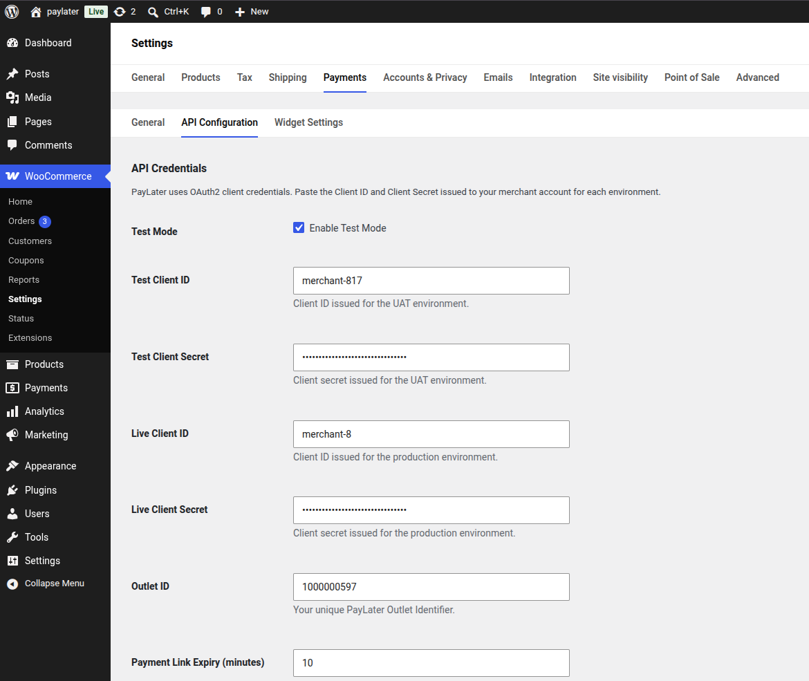 PayLater configuration fields in the WooCommerce admin