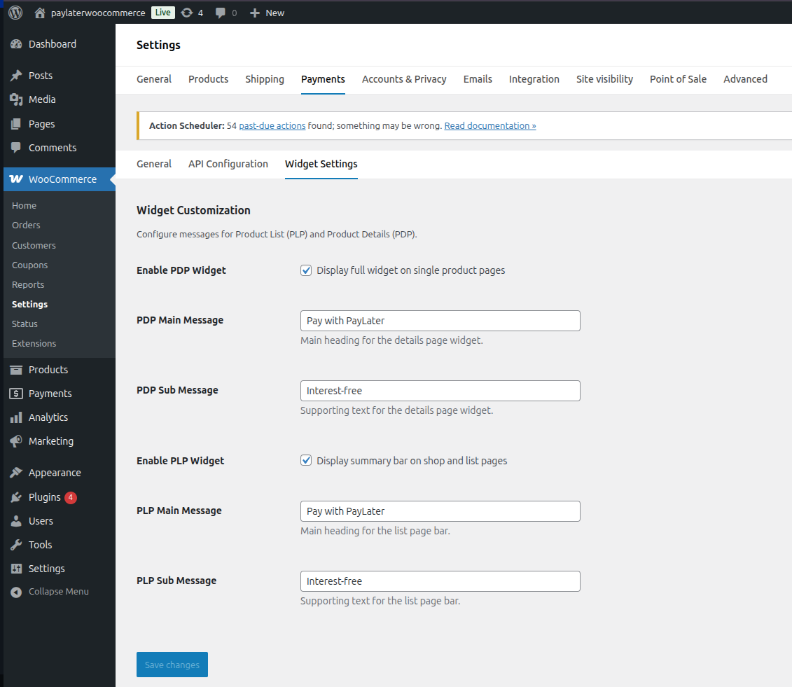PayLater payment gateway configuration saved in WooCommerce